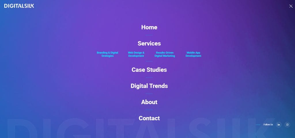 A Complete Website Navigation Guide: How-To Build The Perfect User Journey 7 Digital Silk website featured exa,ple of off-canvas navigation.