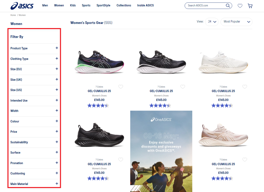 A Complete Website Navigation Guide: How-To Build The Perfect User Journey 9 Vertical navigation example - a featured image of Asics' website with a picture of five sneakers and three running people.