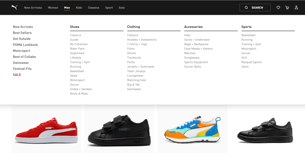 A Complete Website Navigation Guide: How-To Build The Perfect User Journey 10 Dropdown navigation - featured example of Puma's website with a picture of sneakers.