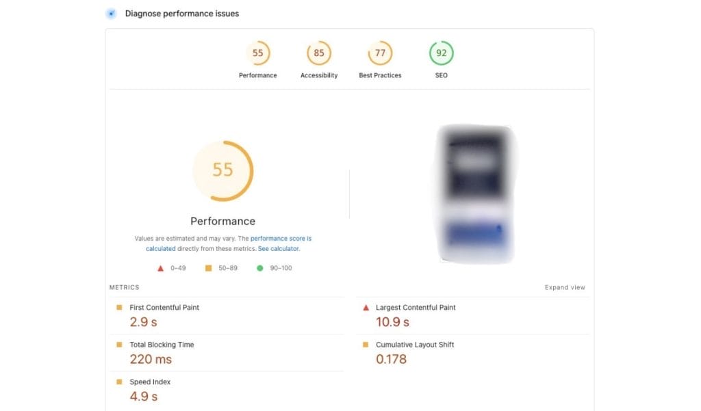 Website Improvement: 7 Common Issues That Hurt Performance 2 page speed insights showing a page performance