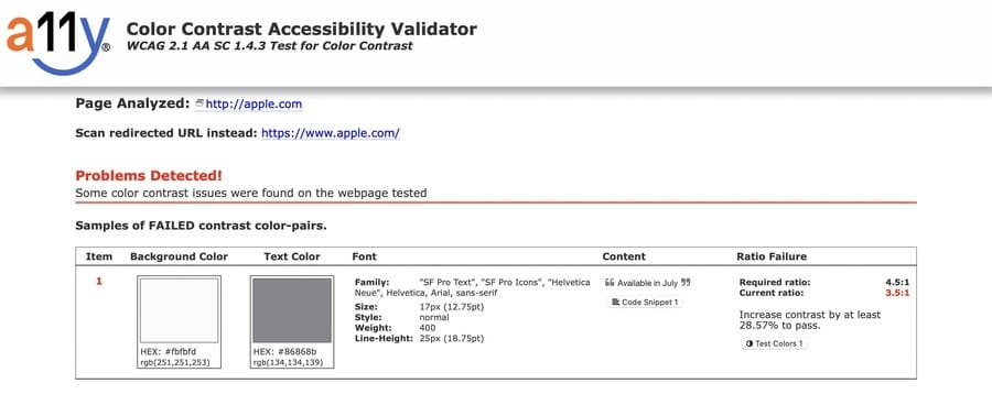 Screenshot of the A11Y Color Contrast Accessibility Validator tool. Illustration for the "What is Website Accessibility?" blog
