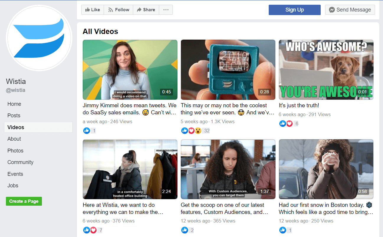 How 5 Emerging Tech Brands Use Digital Marketing To Grow Their Customer Base 23 A screenshot of Wistia Facebook page's Videos tab