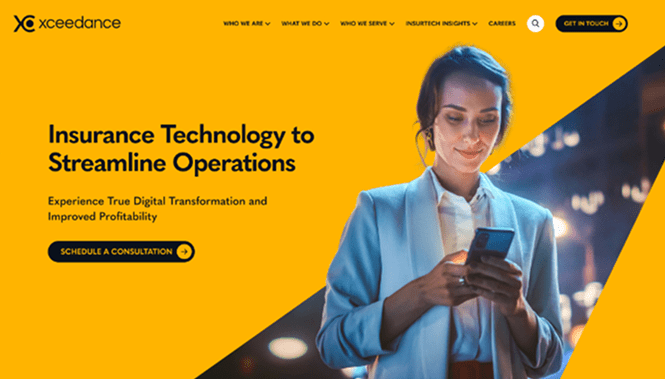 Finance & Banking Web Design 54 Xceedance website hero section with bold yellow background and a professional using a smartphone, highlighting insurance technology solutions.