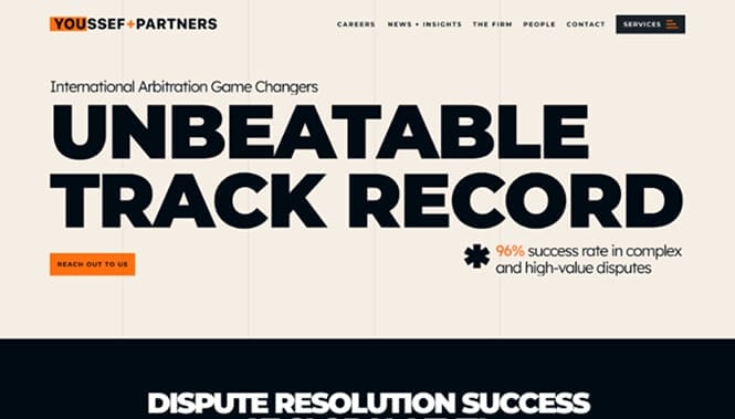 Law Firm Web Design 54 Youssef + Partners website hero section with bold typography emphasizing “Unbeatable Track Record” and arbitration expertise.