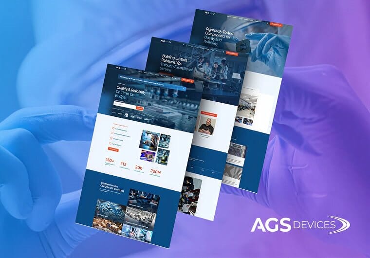AGS Devices website design mockup featuring multiple responsive webpage layouts highlighting electronic component solutions, manufacturing technology imagery, and modern industrial branding against a blue and purple background.