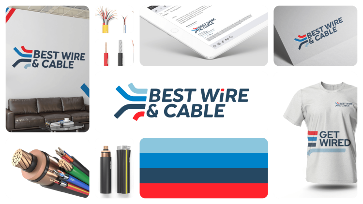 Best Wire & Cable branding board featuring logo applications, cable imagery, branded apparel, stationery mockups, and a blue-red industrial color palette.
