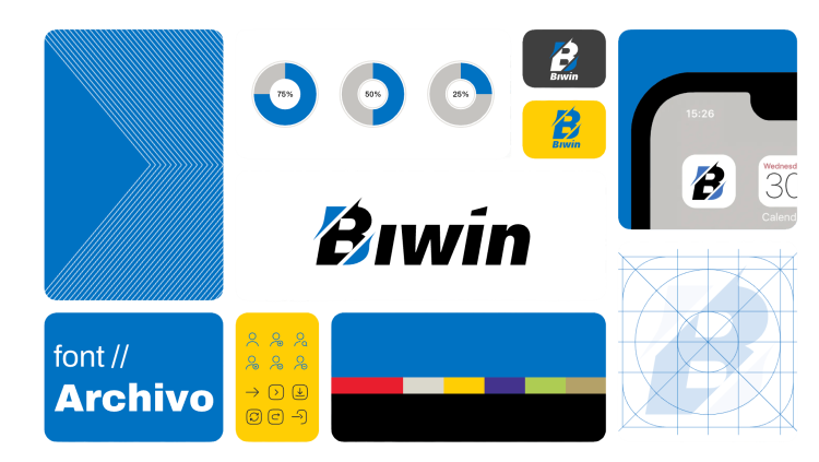 Biwin branding presentation with logo variations, blue and yellow color palette, typography samples, app icon mockups, and modern tech-inspired branding elements.