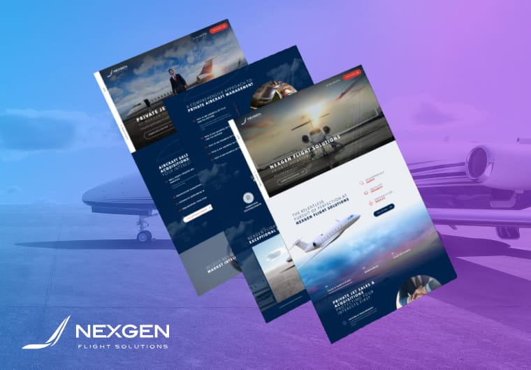 NexGen Flight Solutions aviation website design showcase featuring private jet services and luxury flight experiences
