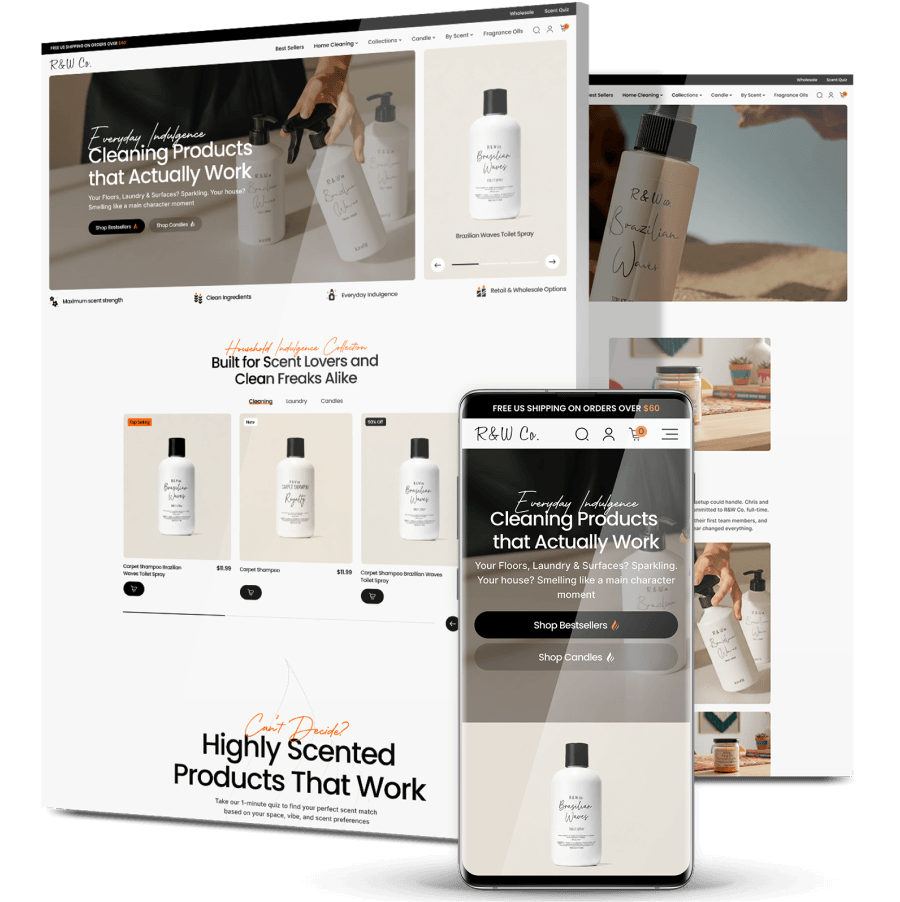 Responsive ecommerce website design for R&W Co. featuring luxury home cleaning and fragrance products displayed across desktop and mobile devices.