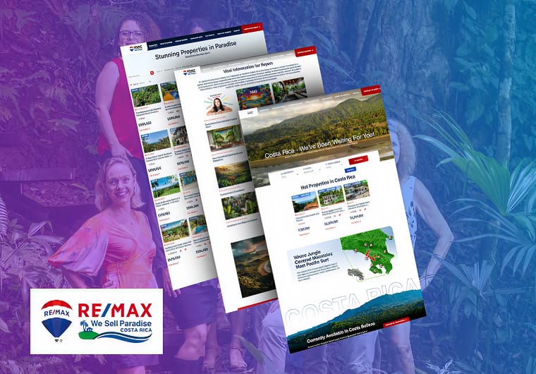 Real estate website design showcase for RE/MAX Costa Rica featuring luxury property listings and tropical travel visuals