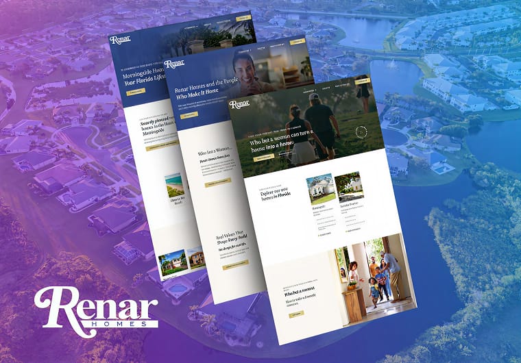 Renar Homes real estate website design showcase featuring luxury residential communities, homebuyer resources, and responsive property browsing experiences.