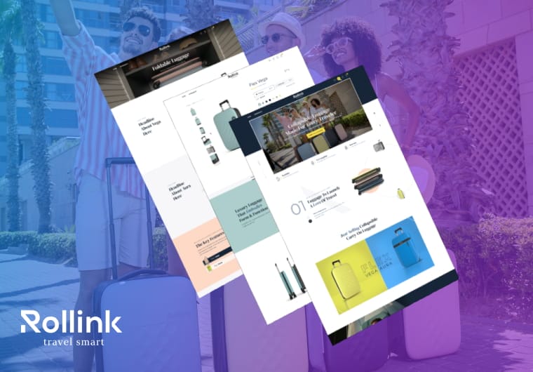 Rollink ecommerce website design showcase featuring smart travel luggage products and responsive shopping experience