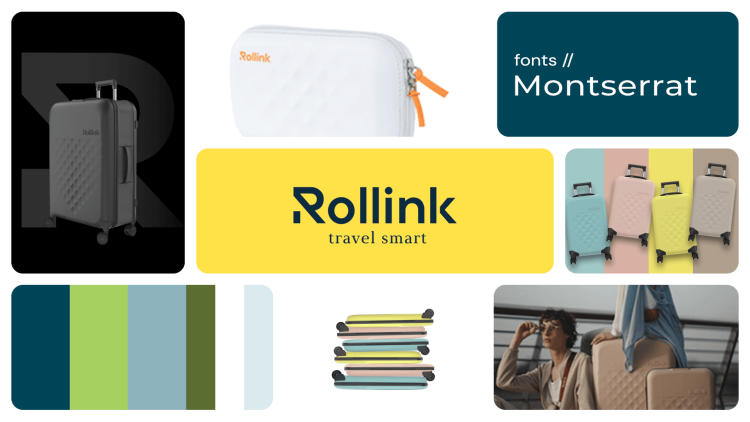 Rollink branding board featuring modern luggage photography, pastel color palettes, Montserrat typography, lifestyle imagery, and travel-inspired visual identity elements.
