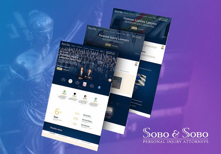 Sobo & Sobo law firm website design showcase featuring personal injury legal services, attorney profiles, responsive layouts, and modern legal industry branding.