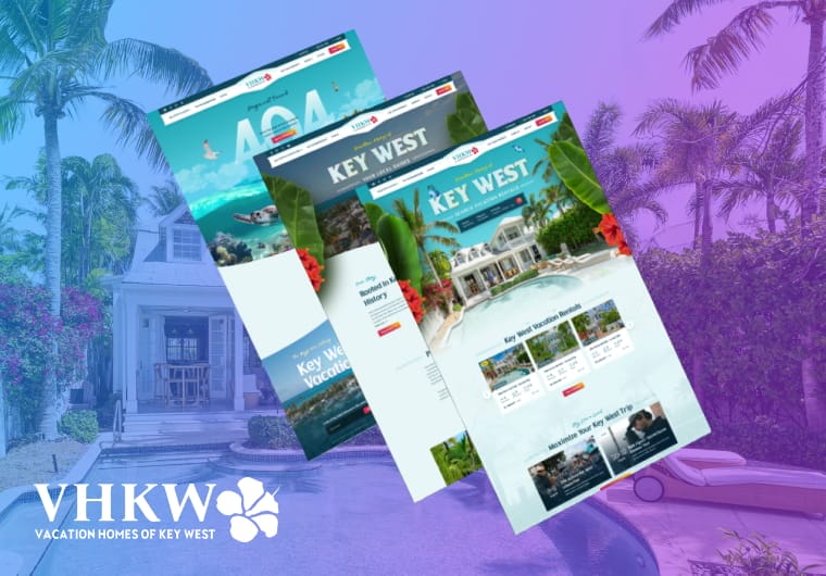 Vacation Homes of Key West website design mockup featuring tropical vacation rental listings, destination-focused imagery, and user-friendly booking experiences showcased through modern, responsive layouts.