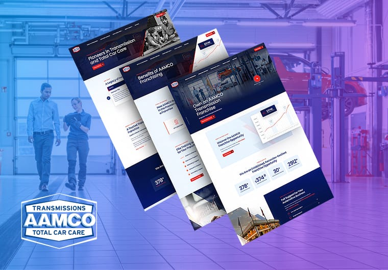 Three stacked images of AAMCO Total Car Care’s website design featuring automotive franchise opportunities, transmission repair services, business growth insights, and modern responsive layouts for customer engagement.