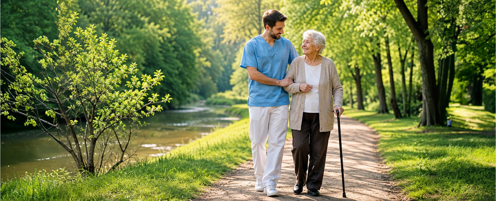A caregiver in blue scrubs walks arm-in-arm with an older woman using a cane along a sunny park path beside a river