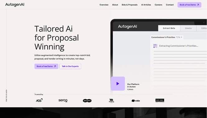 AI SEO Company 43 Custom AutoGenAI website design showcasing AI-powered proposal and bid management solutions with a clean, modern SaaS interface.