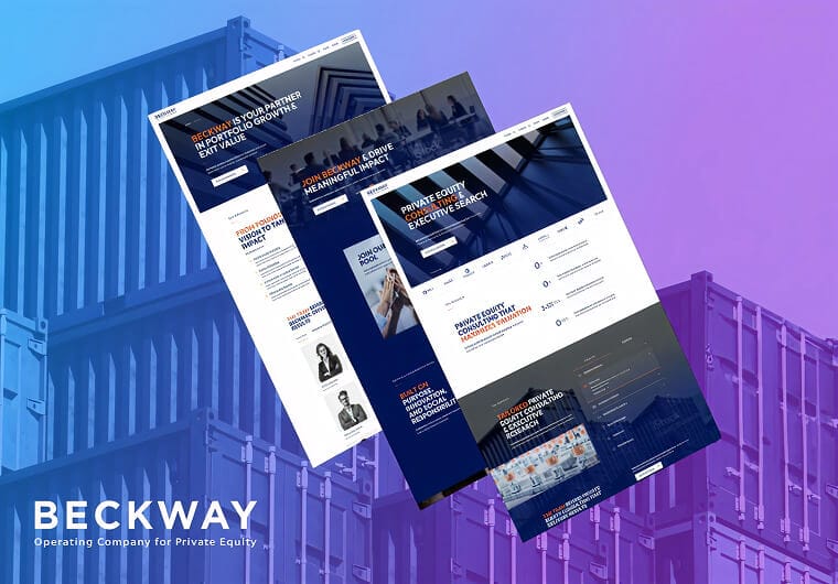 Three stacked images of Beckway’s website design featuring private equity consulting services, executive search content, professional corporate visuals, and modern responsive layouts with blue and orange branding accents.