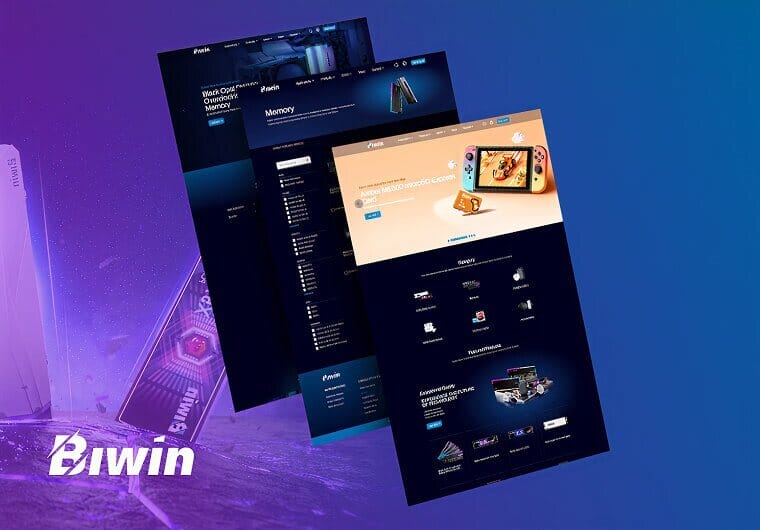 Biwin website design showcasing high-performance memory and storage solutions with immersive visuals, modern eCommerce functionality, and technology-driven user experiences.