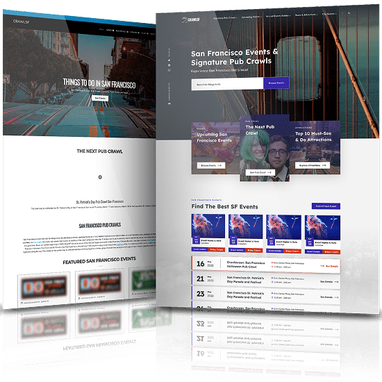 Before and after comparison of the CrawlSF website, showcasing the transformation from a basic event listing layout to a modern, visually engaging platform for discovering San Francisco events.
