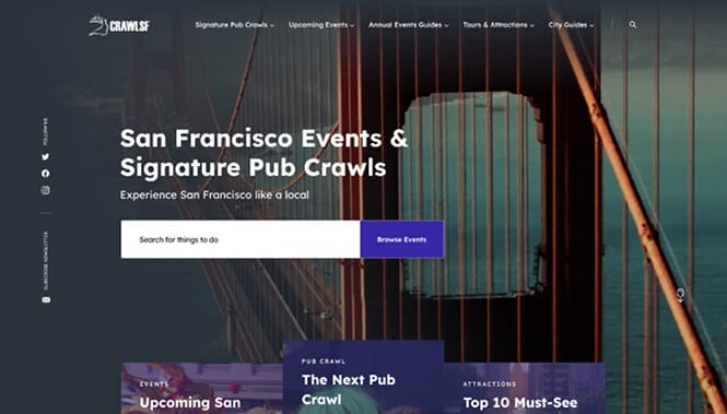 Sports & Entertainment Web Design 22 CrawlSF homepage featuring San Francisco events and pub crawls with a search bar and vibrant city imagery in the background.