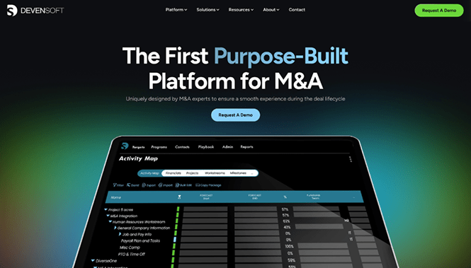 Software & Tech Web Design 31 Custom Devensoft website design highlighting a purpose-built M&A platform with advanced analytics, workflow tools, and enterprise-focused UI design.