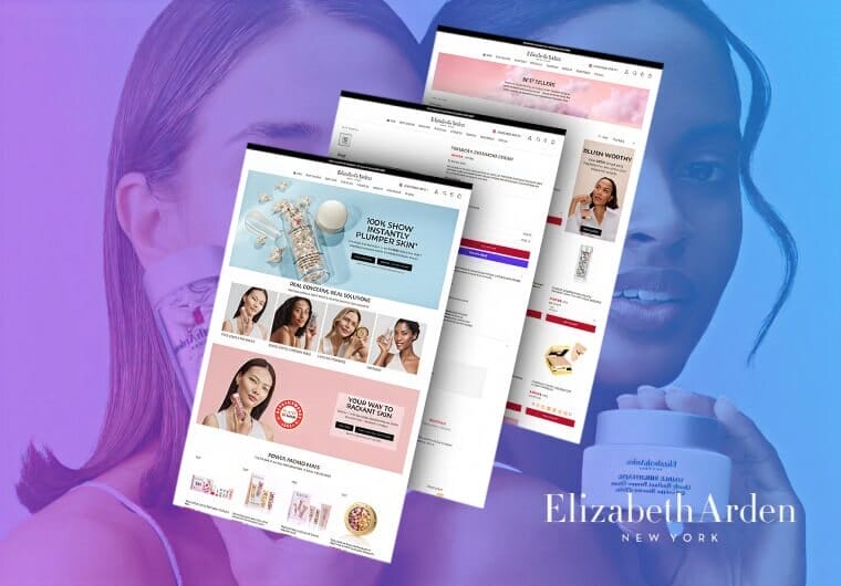 Luxury Elizabeth Arden website design featuring premium skincare collections, elegant beauty ecommerce layouts, and refined digital product storytelling.