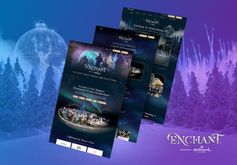 Website design for Enchant Christmas showing desktop layouts for the world's largest Christmas light maze and village