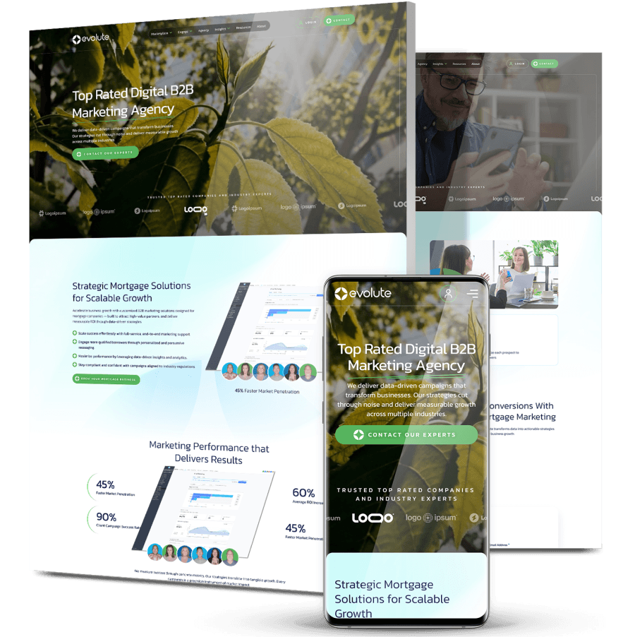Evolute digital marketing website design displayed across desktop and mobile devices, featuring B2B marketing visuals, analytics dashboards, lead generation messaging, and responsive layouts.