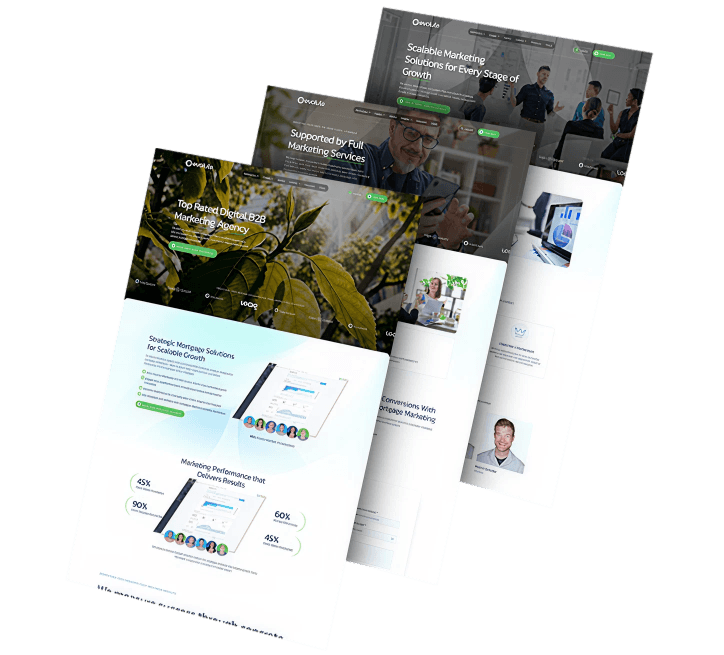 Layered Evolute website design mockups displaying responsive B2B marketing pages with analytics dashboards, lead generation sections, team profiles, and conversion-focused layouts.