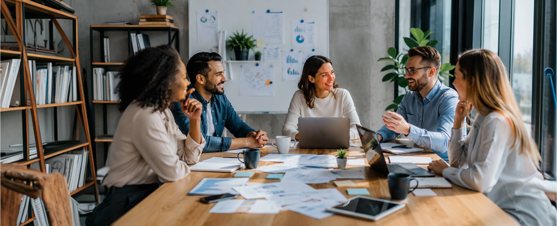 A diverse team of professionals smiles and talks during a collaborative meeting around a table with laptops, documents, and charts in a modern office
