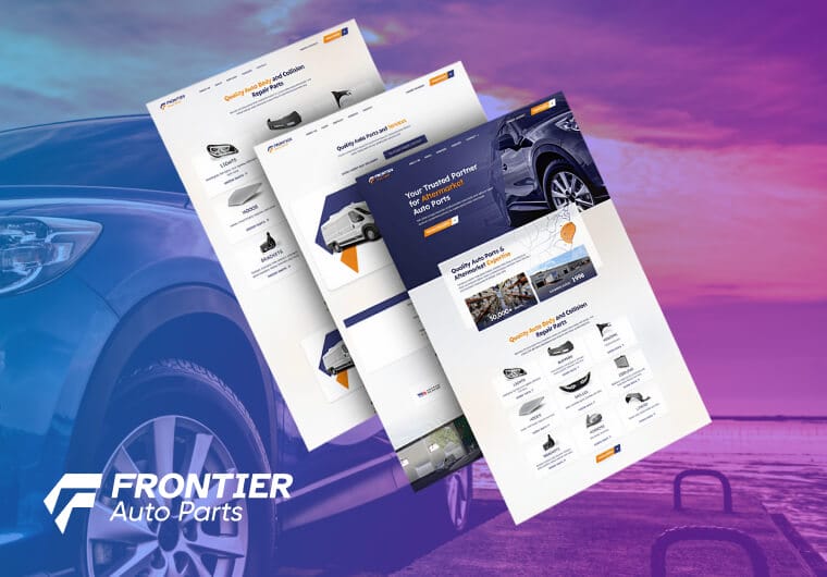 Frontier Auto Parts marketing website presentation with branded automotive visuals