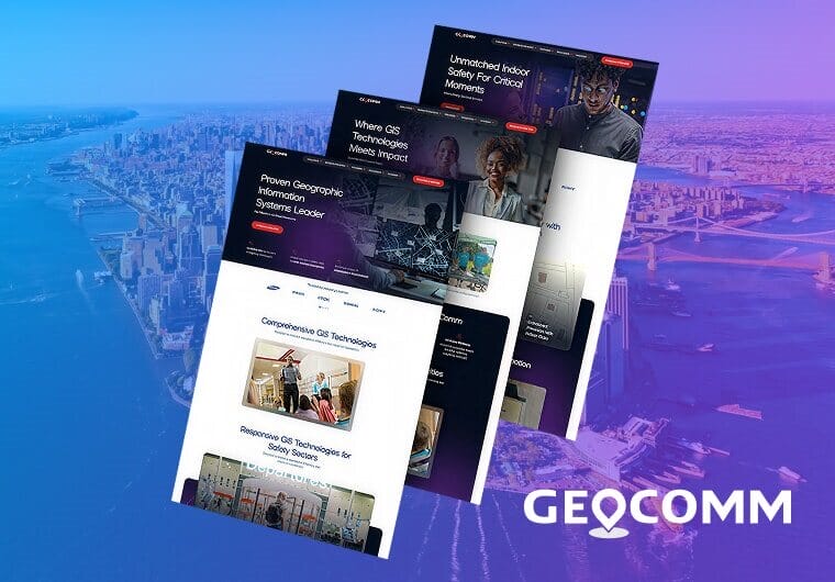 Three stacked images of GeoComm's website design showcasing GIS technology solutions, emergency response systems, and responsive enterprise-focused digital experiences.