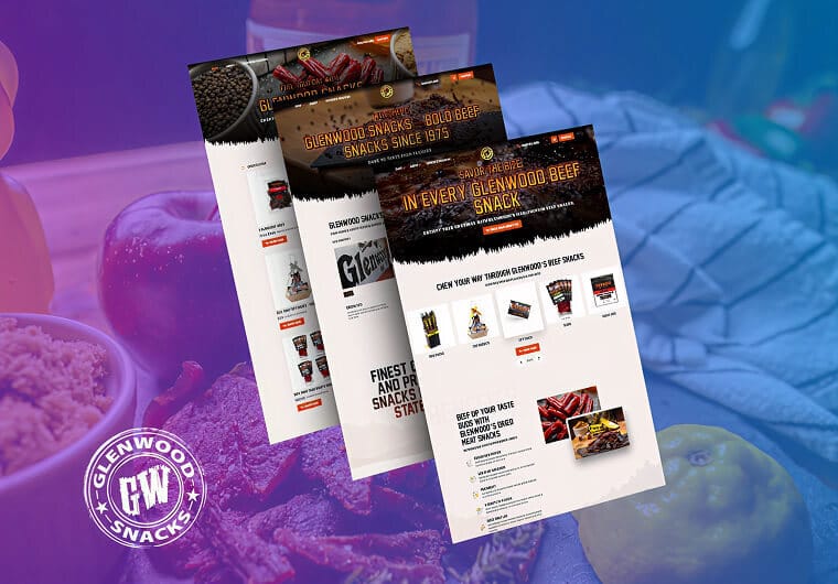 Three stacked images of Glenwood Snacks’ ecommerce website design featuring beef snacks, product collections, bold typography, and rustic food-inspired visuals with modern ecommerce layouts.