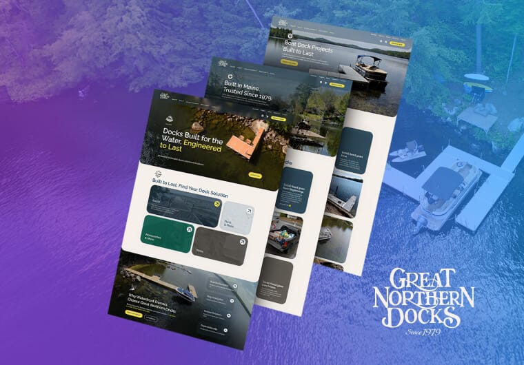 Great Northern Docks portfolio image featuring three responsive website layouts with dock construction services, waterfront products, and outdoor marina imagery displayed over a lakefront background with blue and purple gradient overlay.