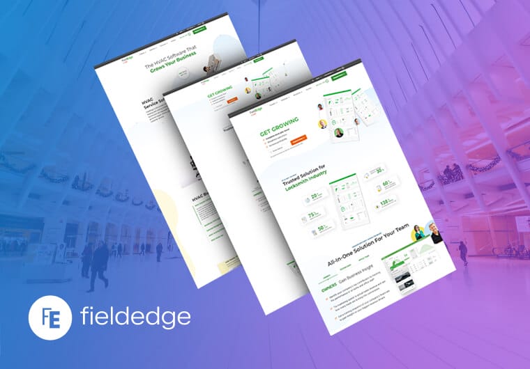 FieldEdge SaaS website design mockup featuring responsive layouts, dashboard interfaces and modern blue-purple branding.