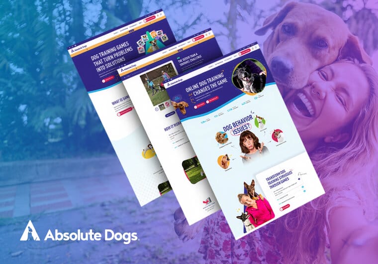 Absolute Dogs online dog training website design showcase featuring interactive pet education and behavioral training resources