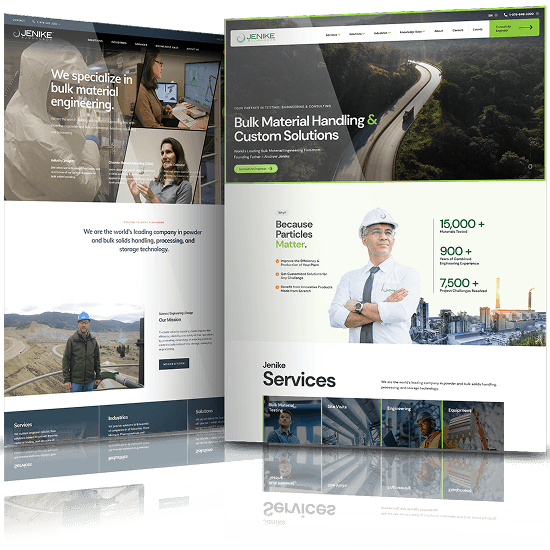 Before and after website redesign for Jenike & Johanson highlighting modern interface for bulk material handling and engineering solutions.