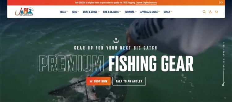 Creative Design Agency 77 J&H Tackle homepage showcasing premium fishing gear, outdoor ocean visuals, ecommerce navigation, and bold typography designed for fishing and sporting goods shoppers.