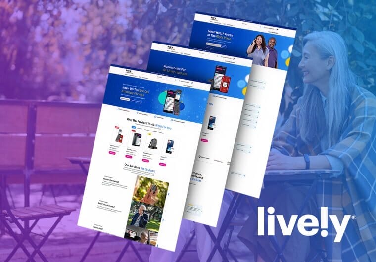Lively portfolio image featuring three responsive website layouts with mobile health devices, senior communication products, and customer-focused service pages displayed over a lifestyle background with blue and purple gradient overlay.