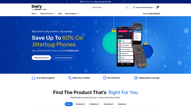 eCommerce 19 Lively homepage showcasing jitterbug phones, wireless plans, and ecommerce features with bright blue branding and user-friendly navigation.