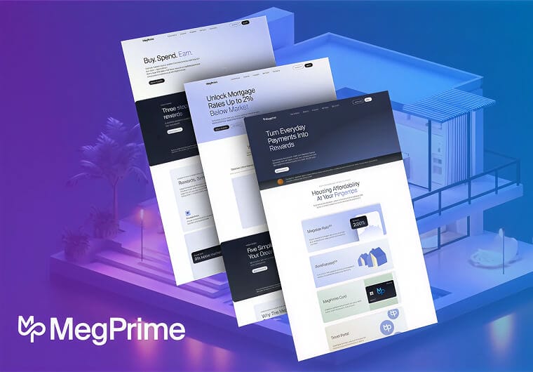 Three stacked images of MegPrime's website design