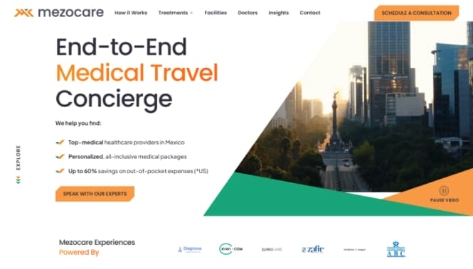 Healthcare Digital Marketing Agency 42 Mezocare website homepage featuring medical travel concierge services with city imagery, key benefits, and a call-to-action for consultations.