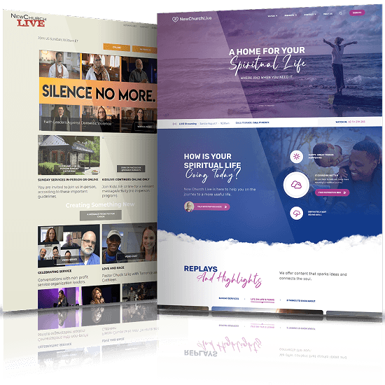 NewChurch Live website showcased across multiple layouts with inspirational imagery, faith-centered messaging, community resources, and modern responsive design in purple and blue tones.