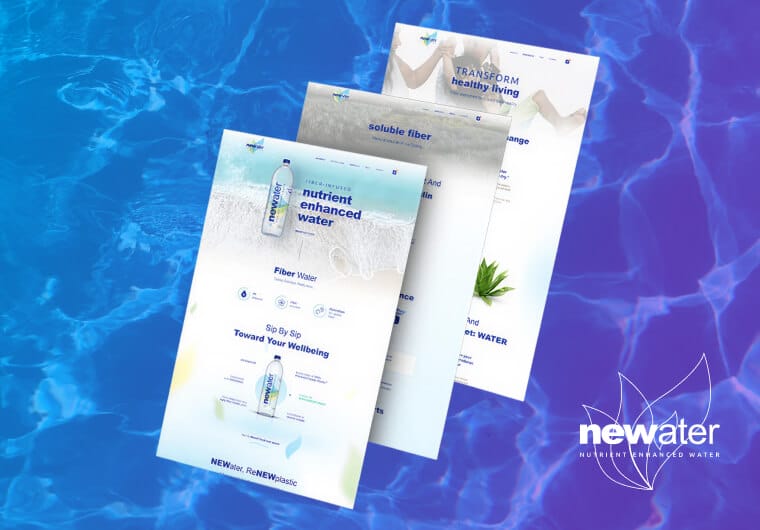 NEWater wellness website design showcase featuring nutrient-enhanced water products and clean ecommerce experience