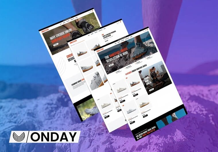 Three stacked images of ONDAY’s ecommerce website design featuring barefoot shoes, product collections, outdoor lifestyle visuals, and modern responsive online shopping layouts.