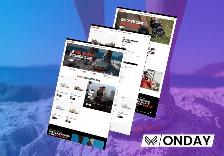Three stacked images of ONDAY’s ecommerce website design featuring barefoot shoes, product collections, outdoor lifestyle visuals, and modern responsive online shopping layouts.