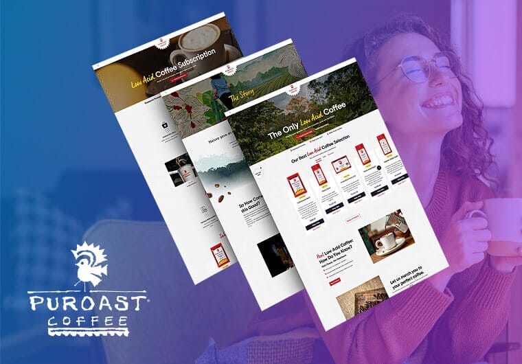 Puroast Coffee ecommerce website design showcase featuring low-acid coffee products, subscription pages, lifestyle branding, and responsive online shopping experiences.