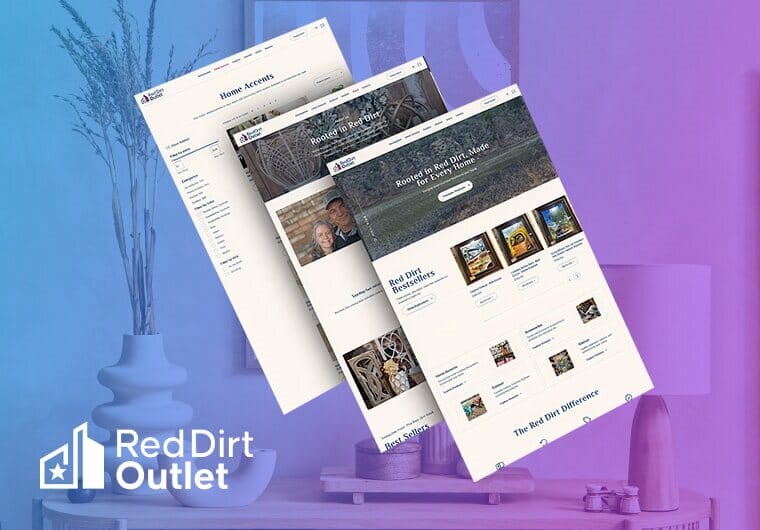 Red Dirt Outlet website design showcasing curated home décor collections, artisan products, and a warm ecommerce shopping experience.
